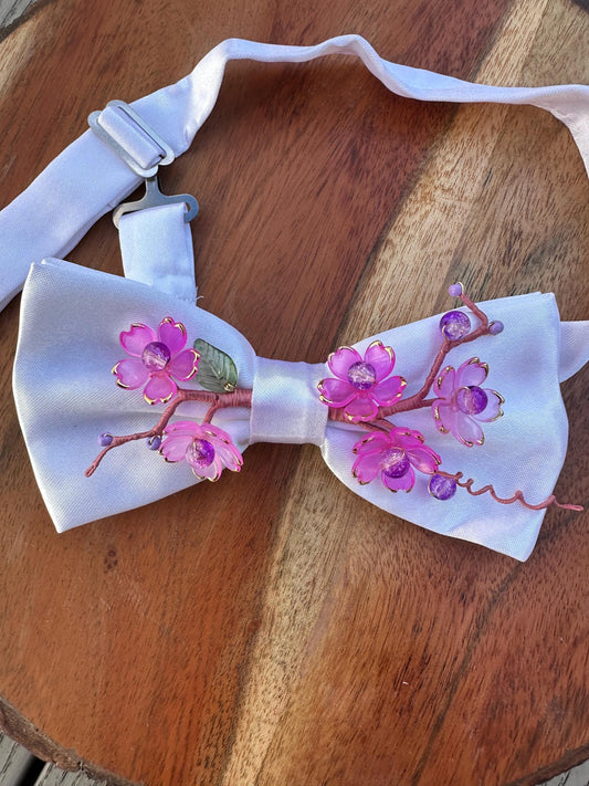 Handmade Bow Tie for women Men,Boys – White Satin Bow Tie with Pink Cherry Blossom Branch – Asian Inspired Wedding Formal Accessory
