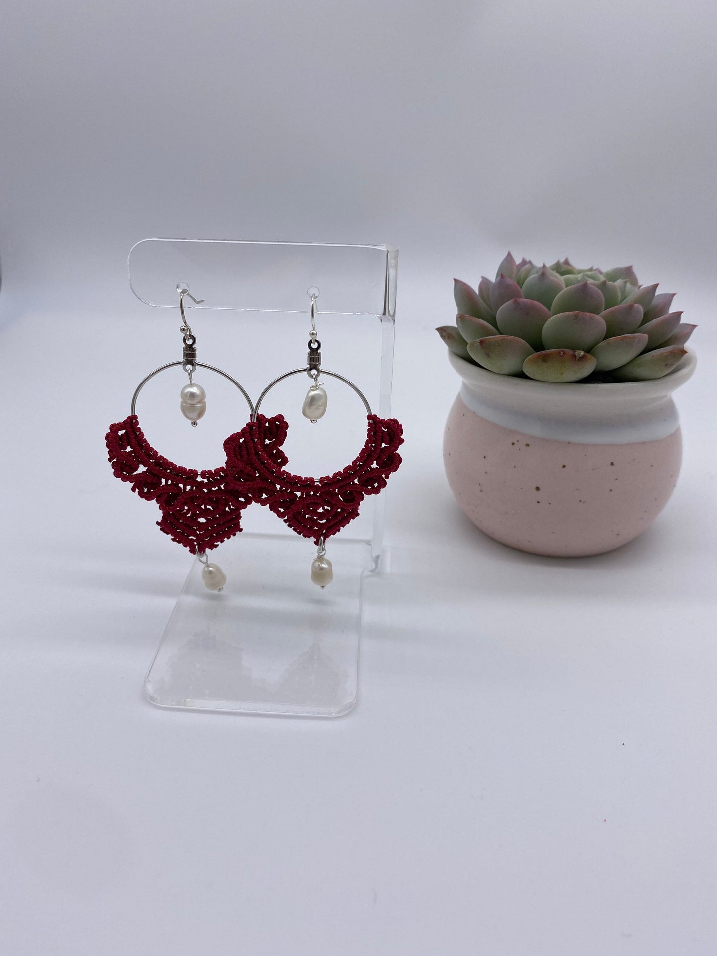 Red Macrame Dangle Earrings: Boho Tribal Jewelry