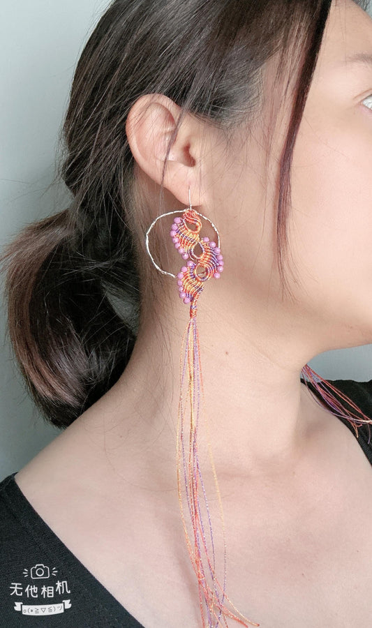 Handmade Macrame Earrings, Peacock Tail, Phosphosiderite Beads, Gold Plated Hooks