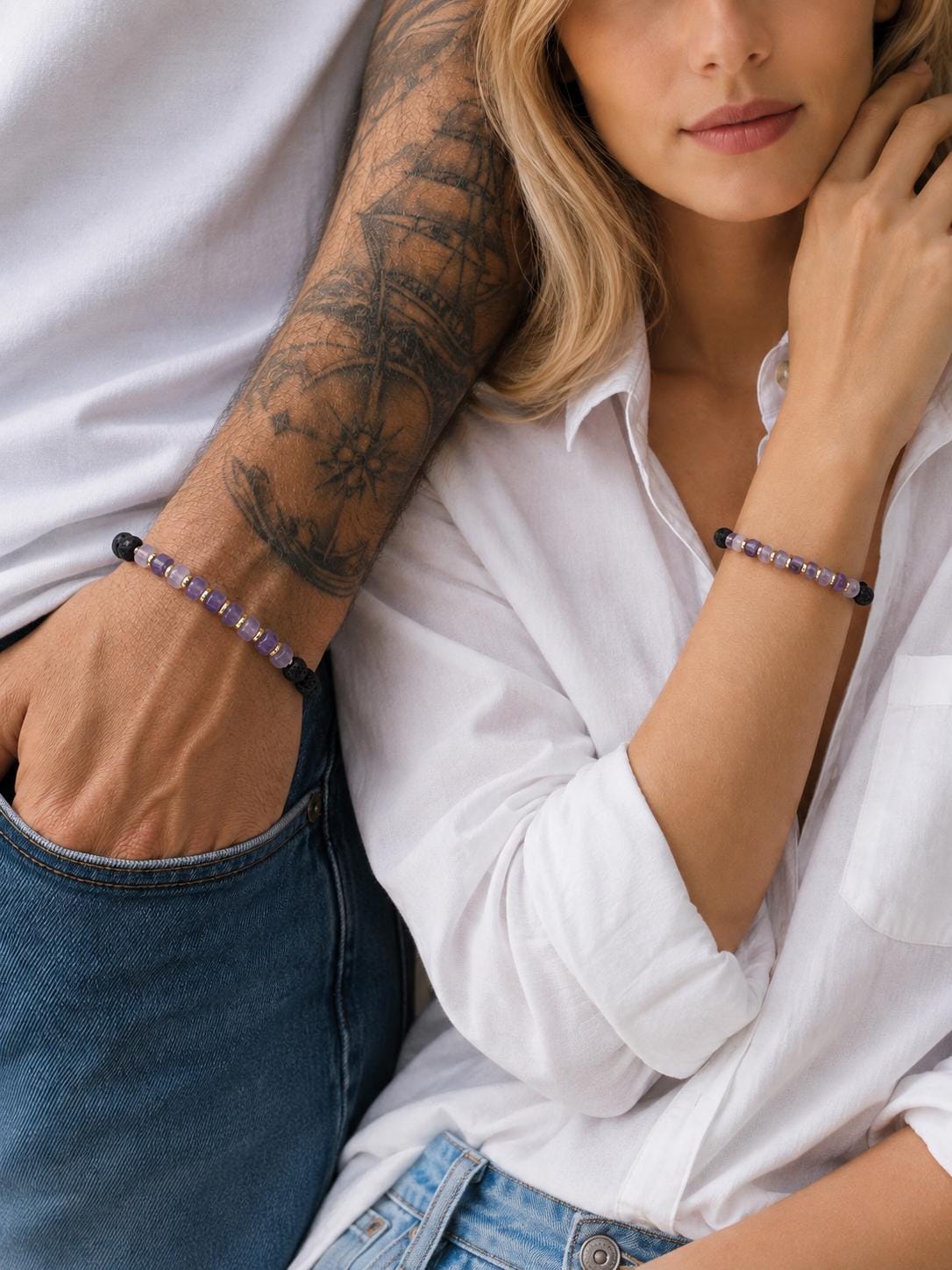 Lava Stone Beaded Bracelet for Men OR Women – Lavender Amethyst, Lava Stone , 14k gold plated space   -Adjustable