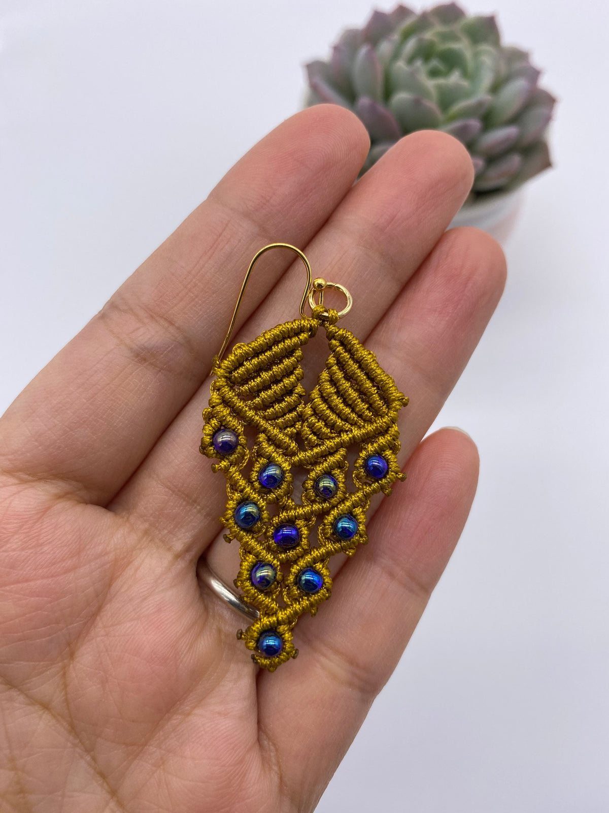 Handmade Macrame Dangle Earrings: Bohemian Gold Plated Hooks