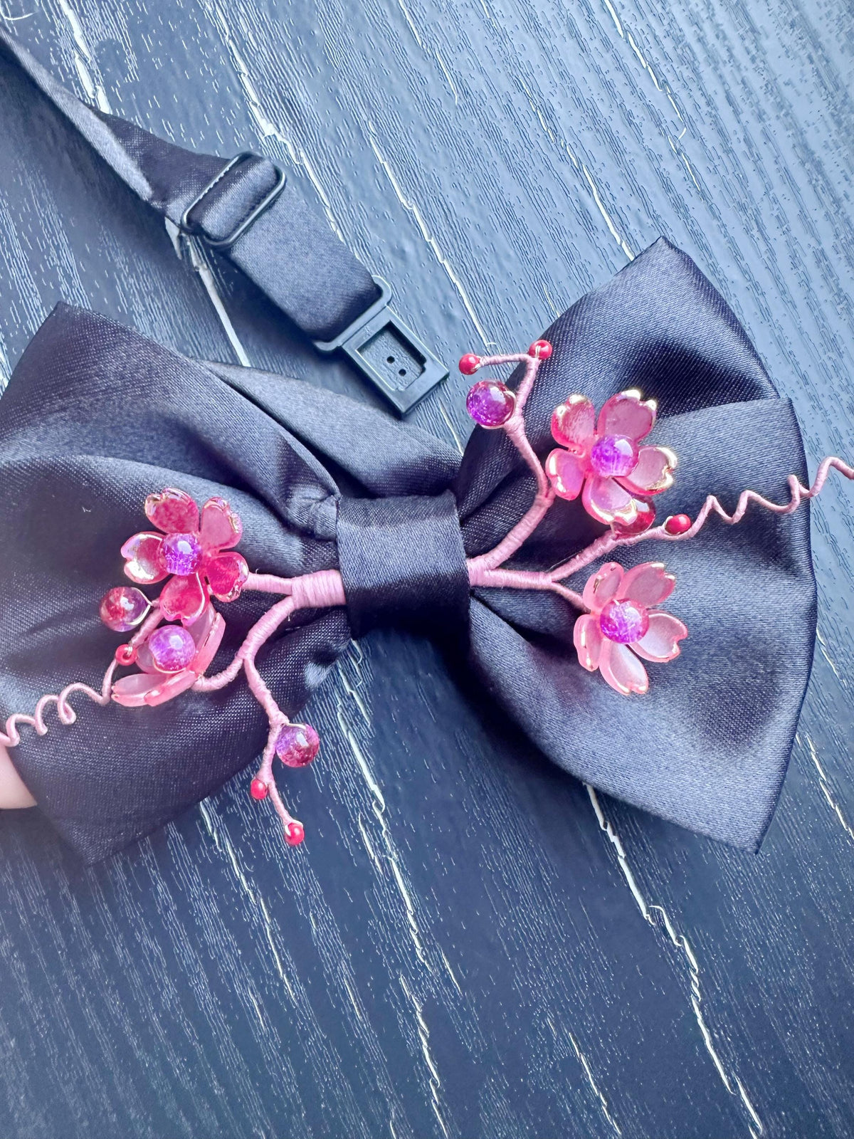 Handmade Bow Tie for women Men,Boys – Black Satin Bow Tie with red color Cherry Blossom Branch – Asian Inspired Wedding Formal Accessory