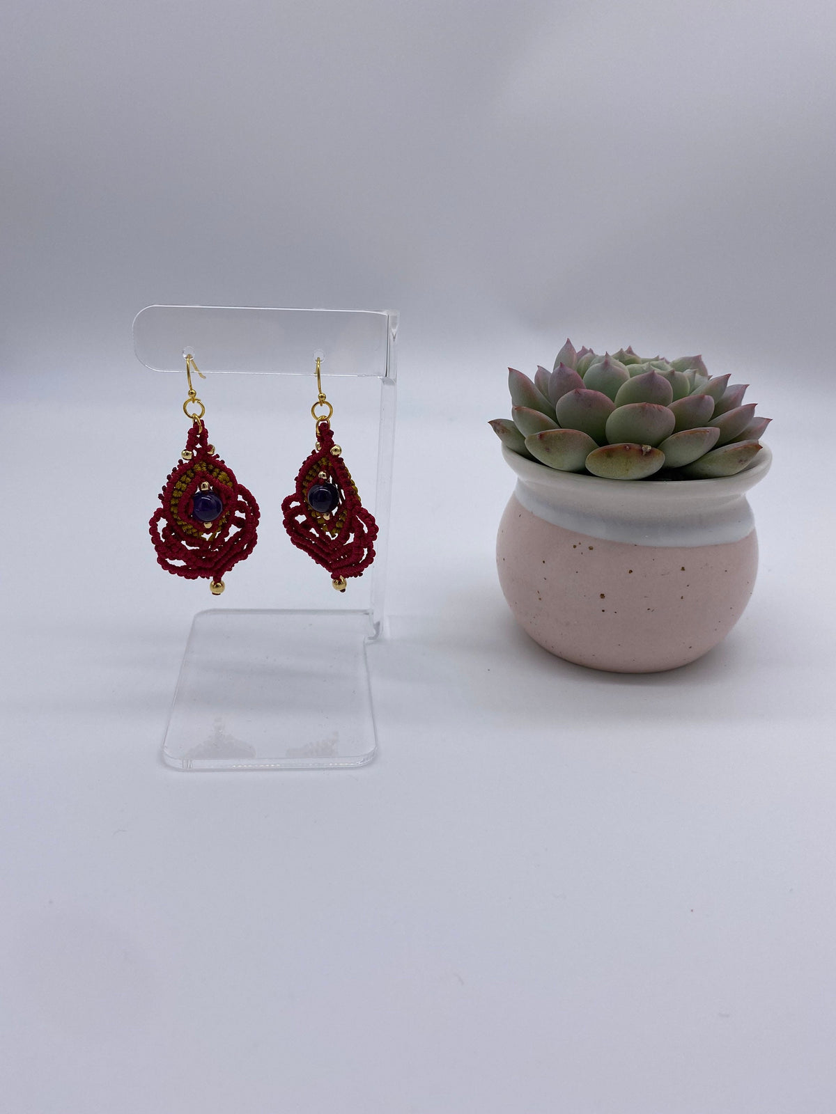 Red Macrame Dangle Earrings: Bohemian Tribal Jewelry