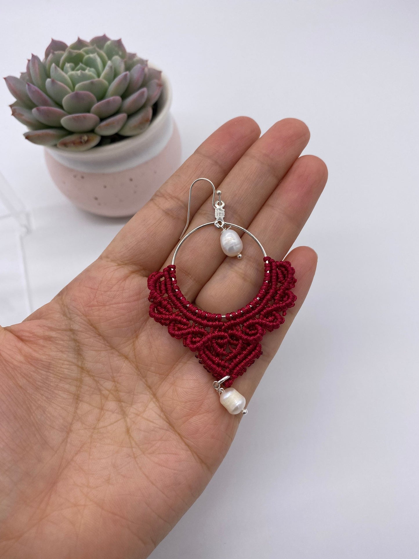 Red Macrame Dangle Earrings: Boho Tribal Jewelry