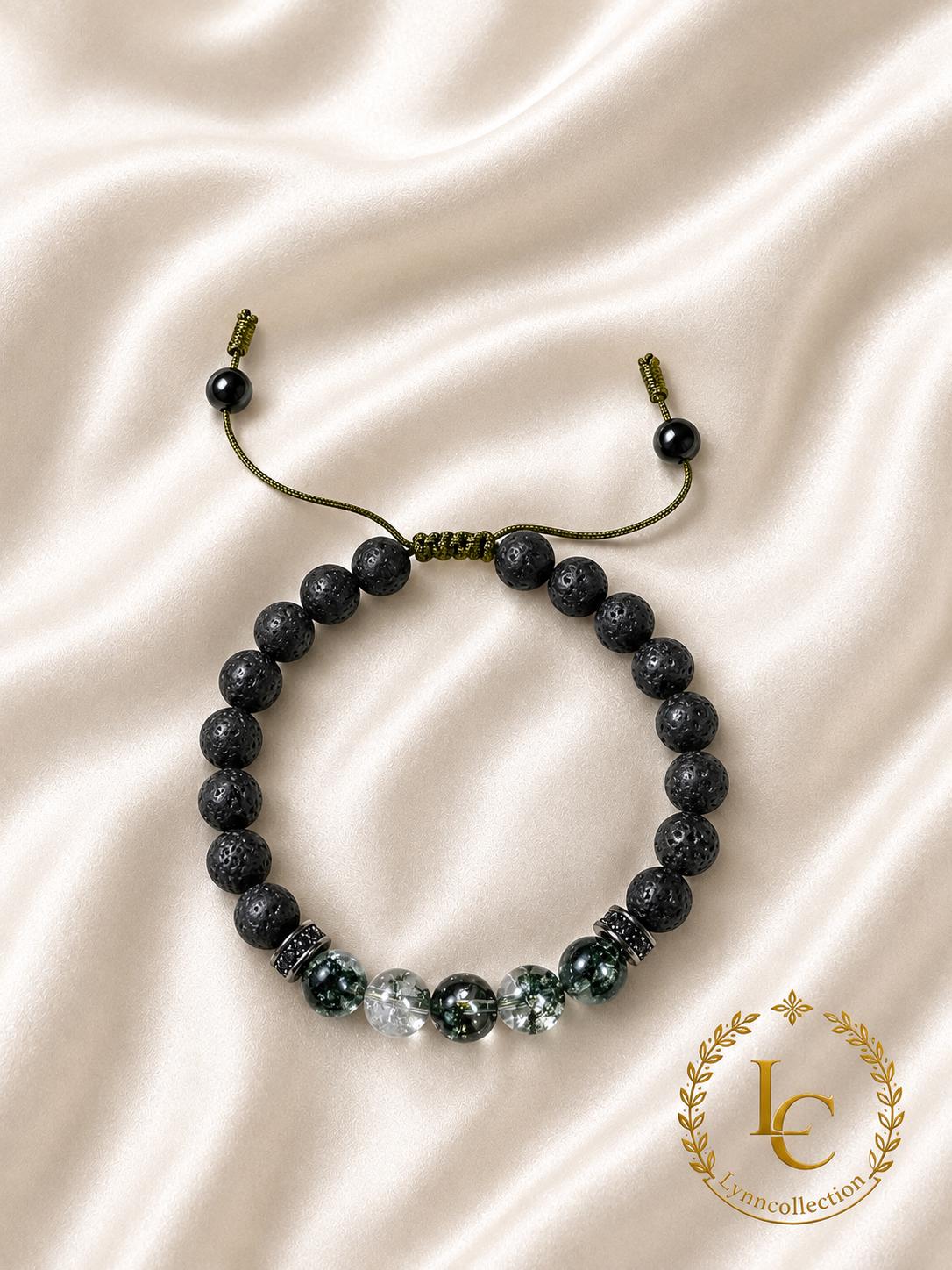 Bracelet for HIM AND HER. Made it with Black Lava Stone &  Green Phantom Quartz,Adjustable Knotted Cord