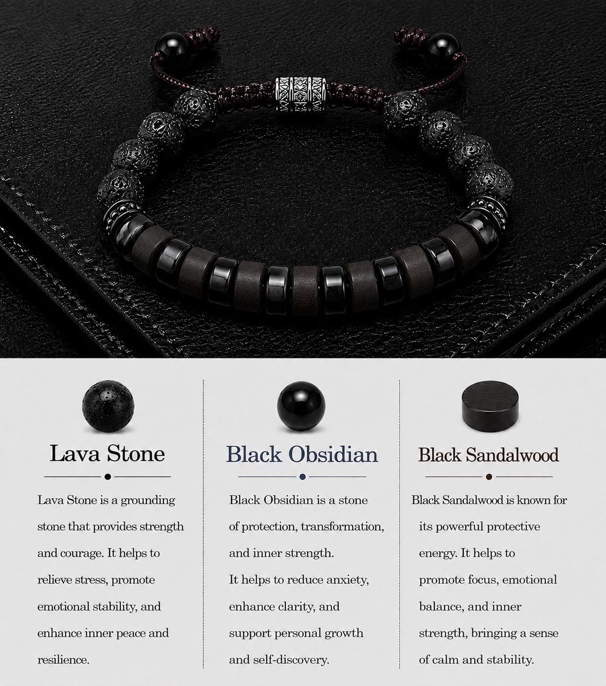 Lava Stone Beaded Bracelet for Him And Her– Black Obsidian, Lava Stone, Natural Ebony Wood, Beads Size: 6mm, Adjustable Length