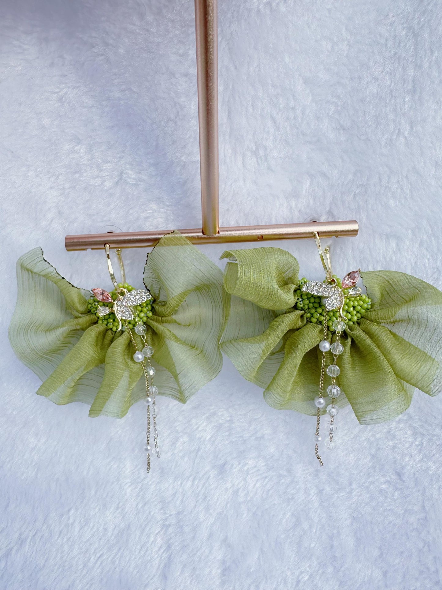 Handmade Dangle Earrings: Gold Plated, Green Chiffon Ribbon