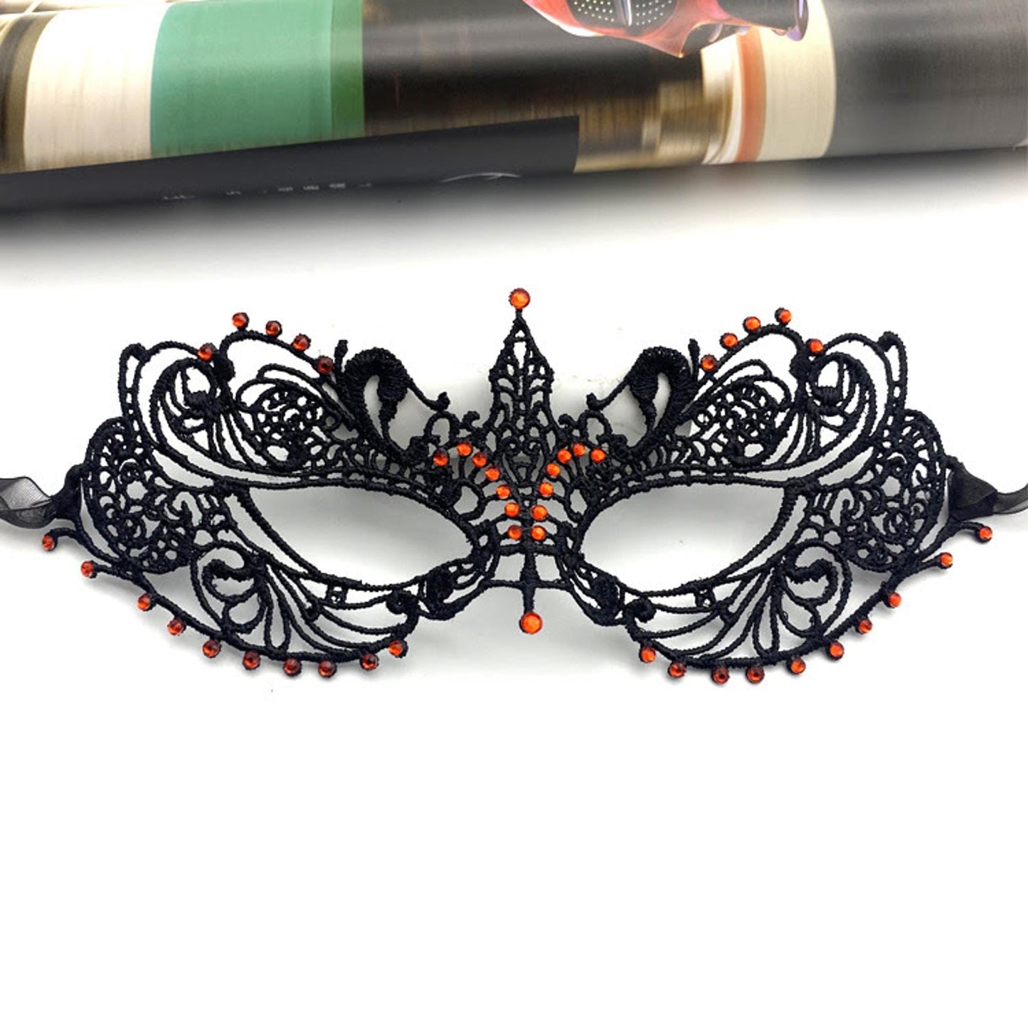 Lace Masquerade Mask: Crystal Rhinestone Embroidery, Ribbon Tie