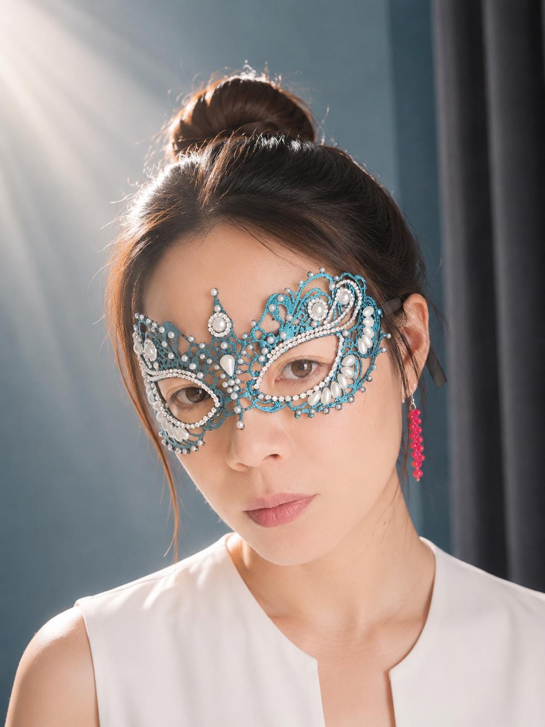 Blue color Lace Masquerade Mask, Embroidered Party Mask with white Resin beads and rhinestone, Halloween party mask