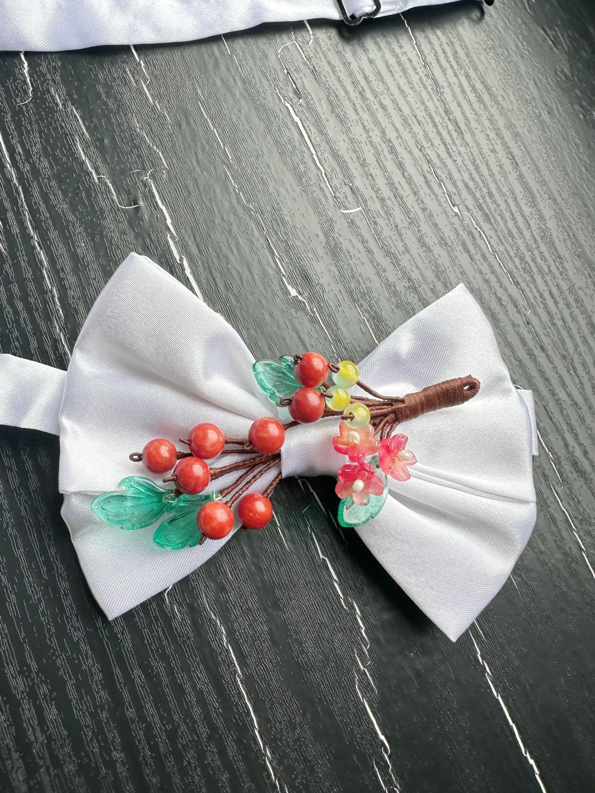 Handmade Bow Tie for women Men,Boys – White Satin Bow Tie with Red Coral beads made Cherry Branch – Asian Inspired Wedding Formal Accessory
