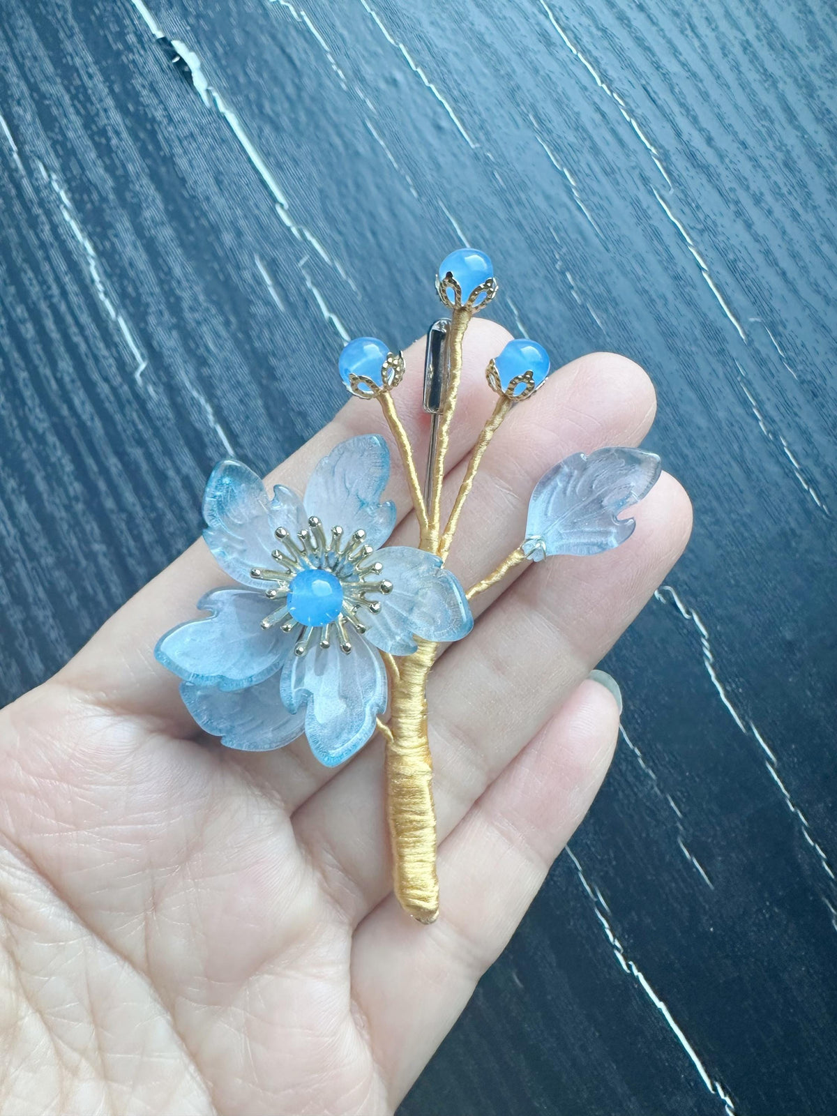 Bow Tie and brooch set for Women, Men,Boys – Black Satin Bow Tie blue color flowers Blossom Branch