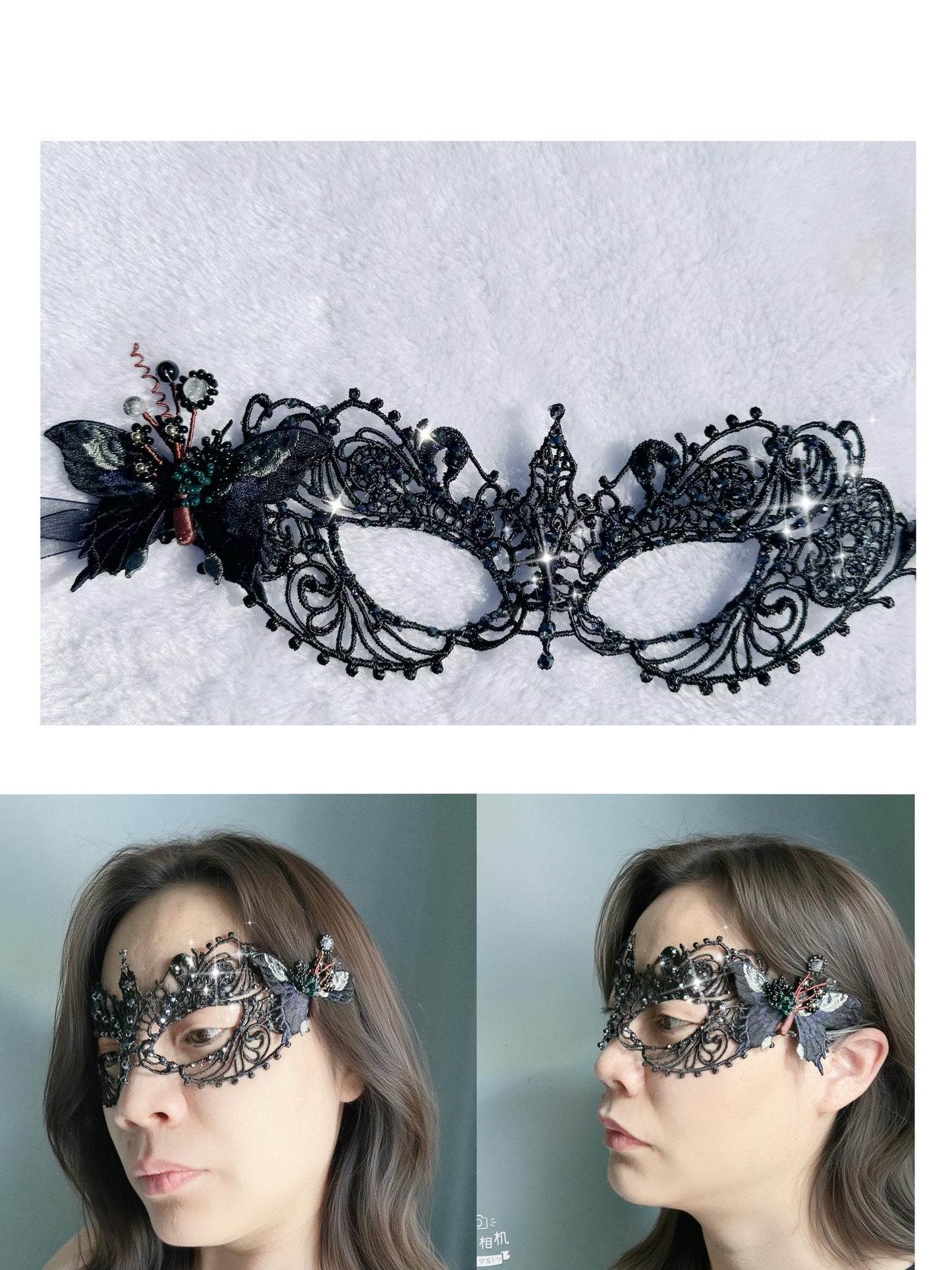 One of a Kind Black Color Butterfly Mask, Handmade Black Lace Masquerade Mask, Venetian Eye Mask with Crystal Rhinestones