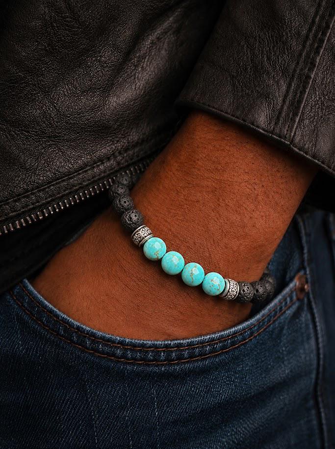 Lava Stone Beaded Bracelet with Turquoise ,Black Volcanic Stone Stretch Bracelet - Gemstone Bracelet for HIM AND HER.