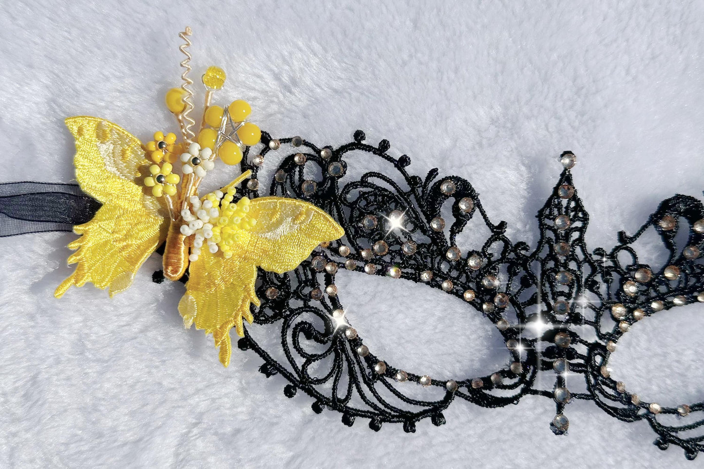 Handmade Yellow Butterfly Masquerade Mask, Black Lace Venetian Mask, Rhinestone  Eye Mask, Mardi Gras, Halloween Costume, Cosplay Accessory