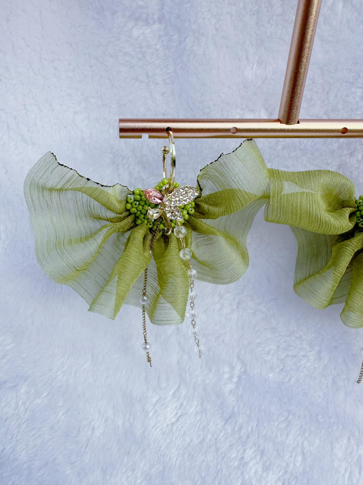 Handmade Dangle Earrings: Gold Plated, Green Chiffon Ribbon