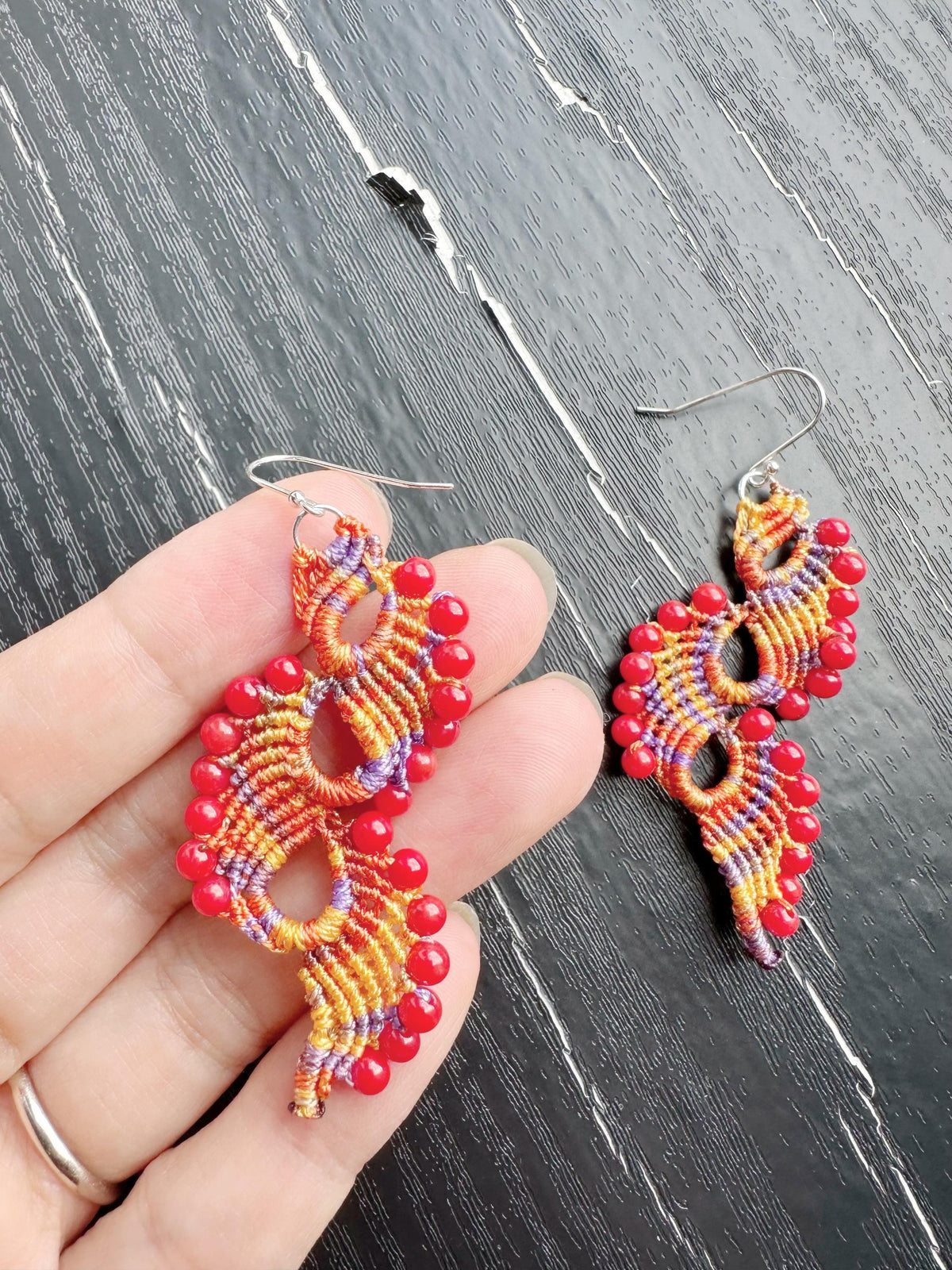 Handmade  Macrame Earrings peacock tail with coral beads and 925 sterling silver hooks