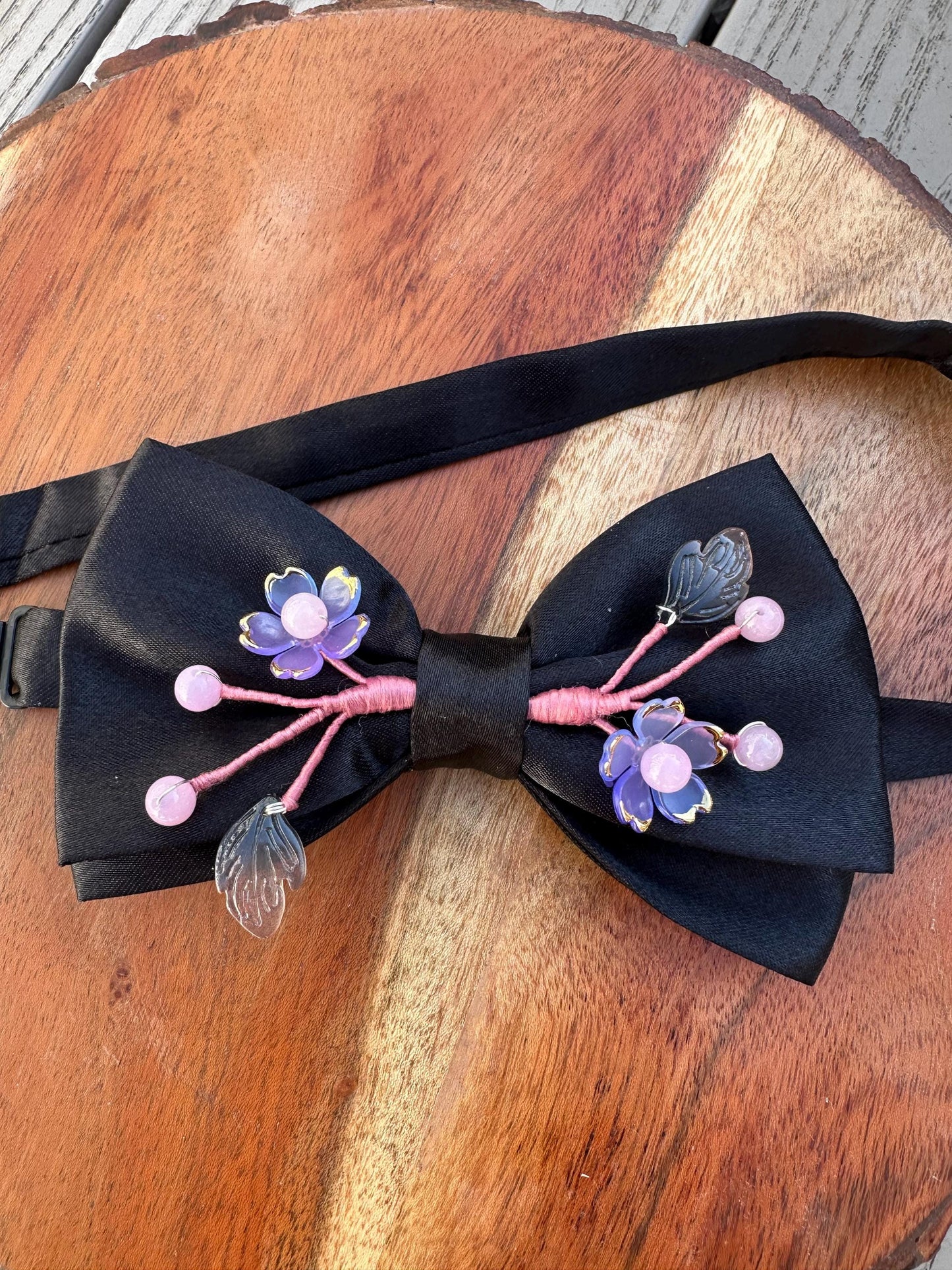 Handmade Bow Tie for women Men,Boys – Black Satin Bow Tie with Purple Cherry Blossom Branch – Asian Inspired Wedding Formal Accessory