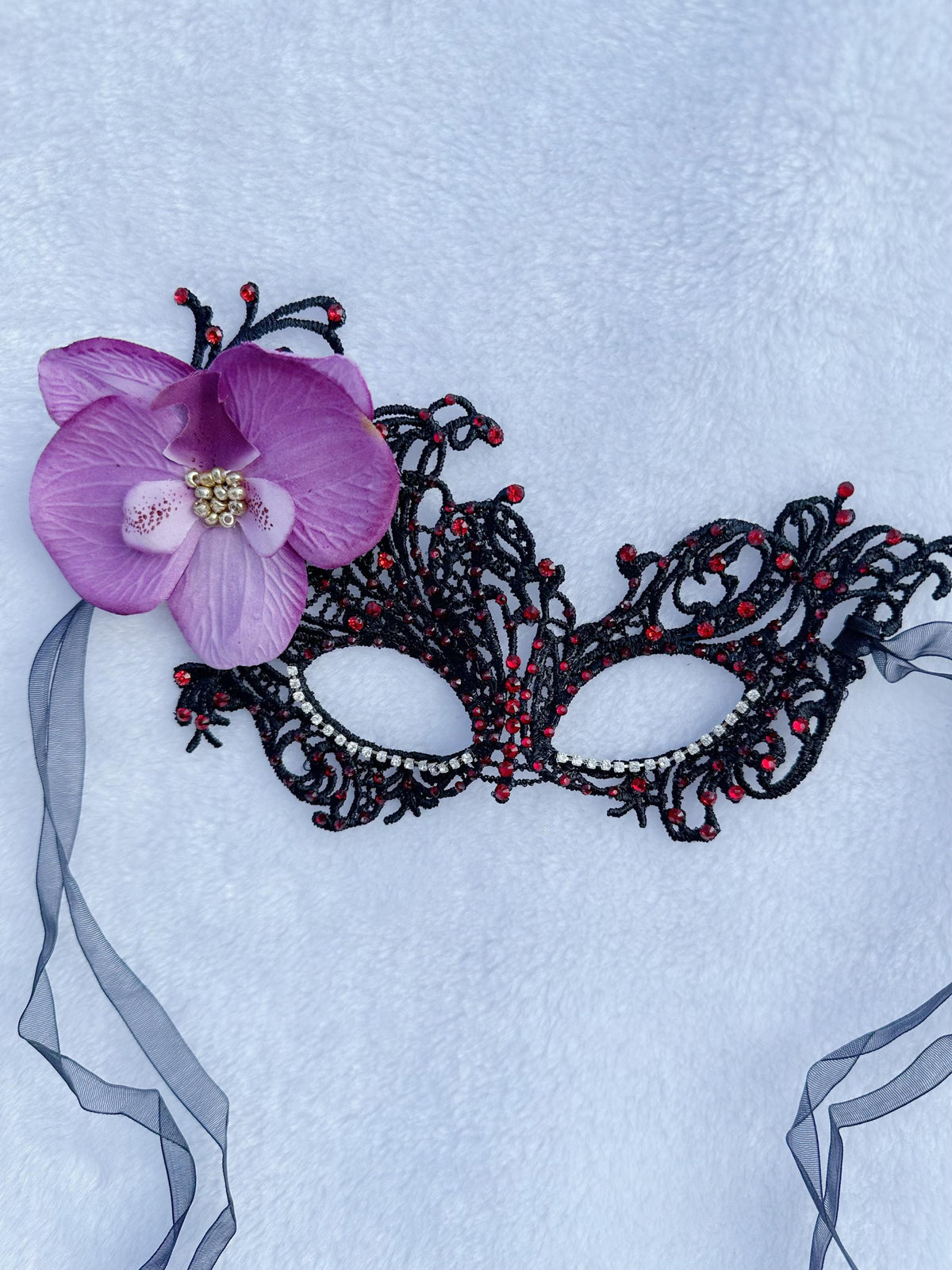 Lace masquerade Mask, with fabric Orchid flower and rhinestone, Masquerade Party mask, Halloween Party mask