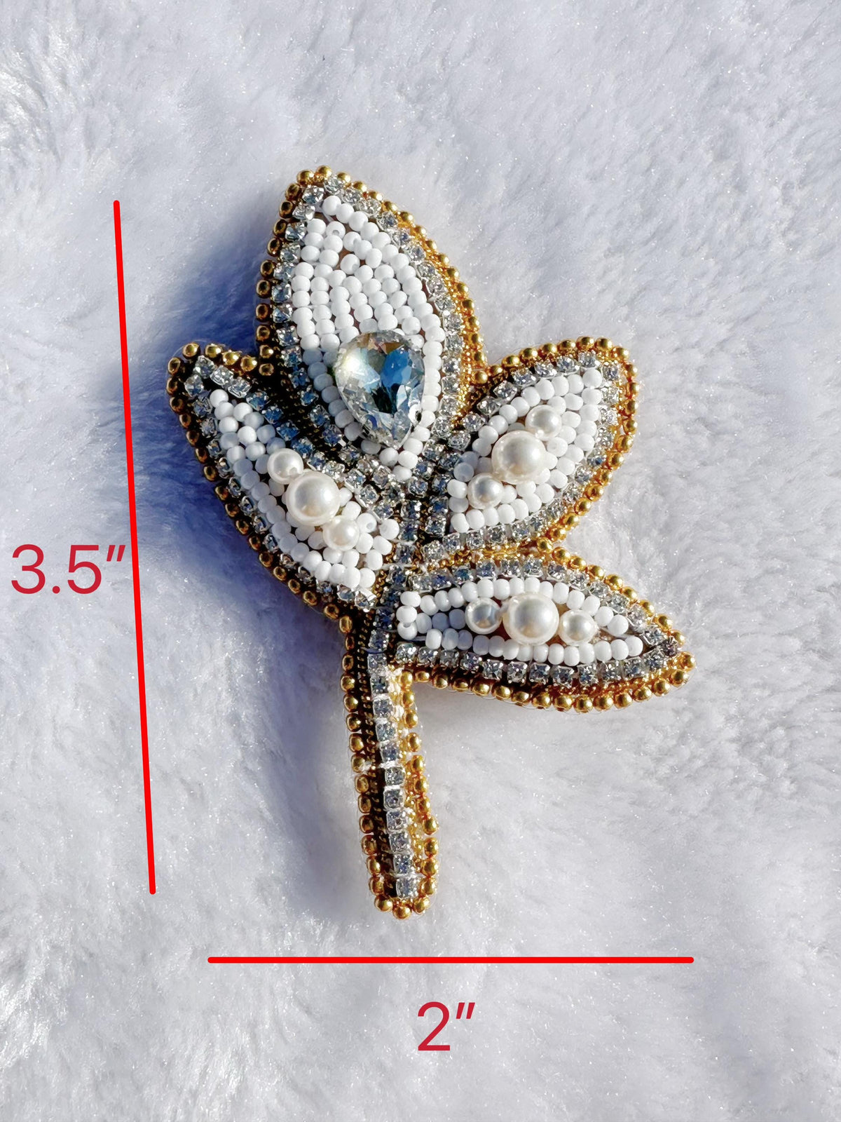Beaded brooch, with white color seed beads, Swarovski pearls and rhinestones brooch, size 3.5”x 2”