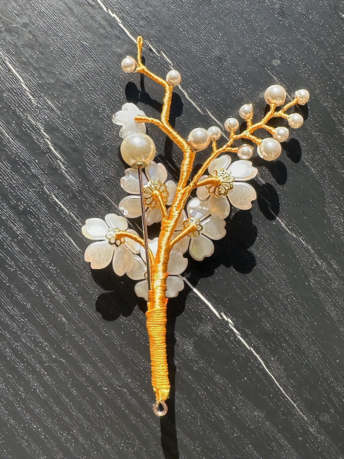 Handmade  brooch,  white color acrylic beads and Swarovski pearls with gold color silk thread