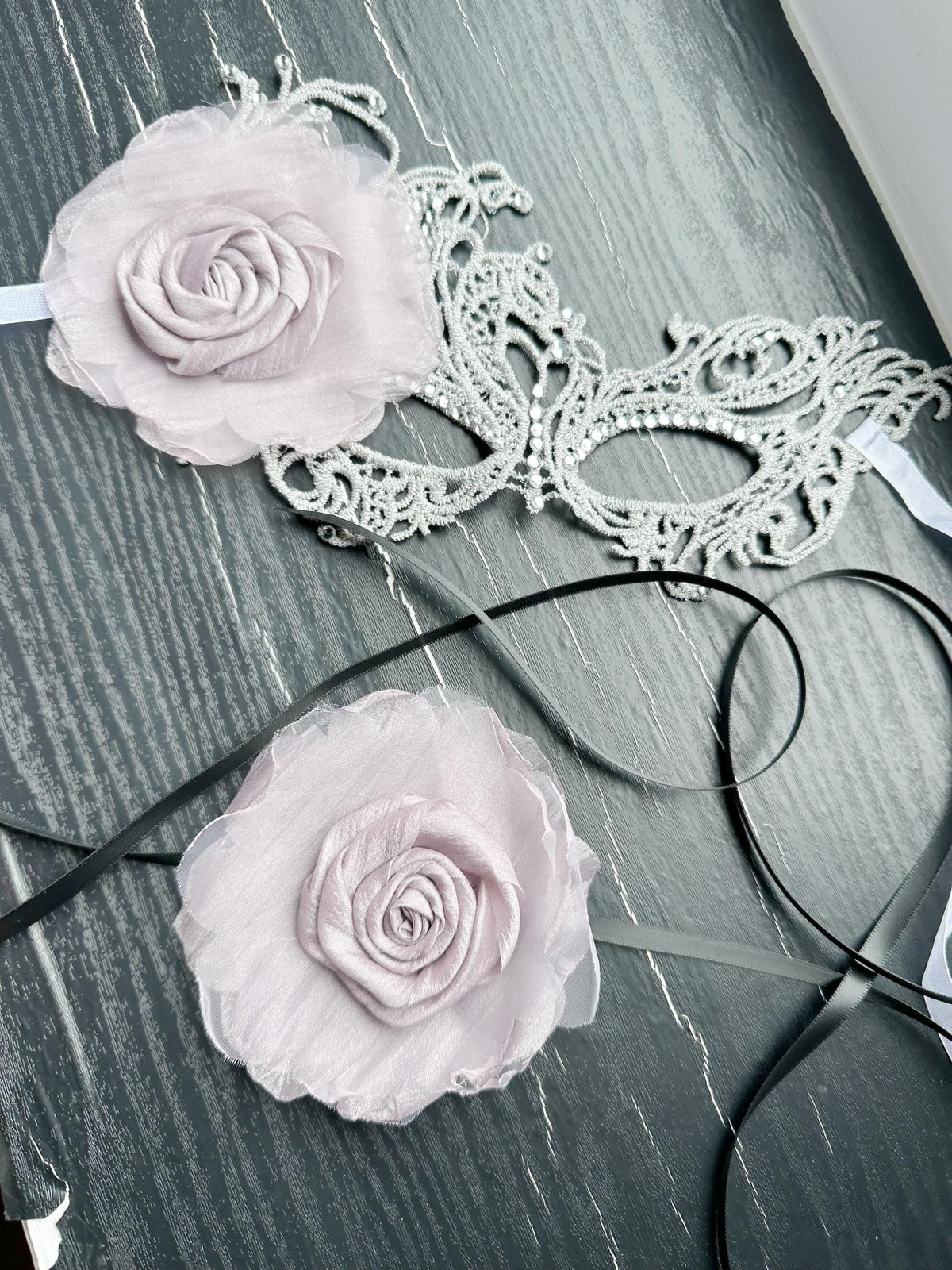Gray color Masquerade Mask with light purple color fabric flower, and silk flower choker, Halloween mask ( price includes mask and choker