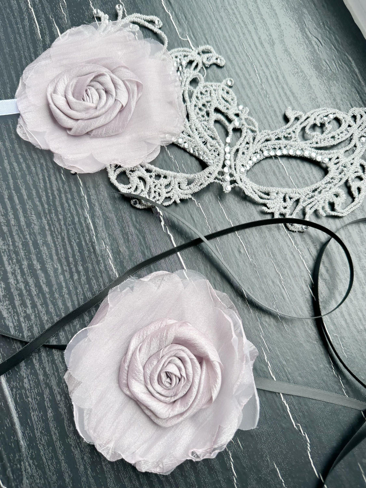 Gray color Masquerade Mask with light purple color fabric flower, and silk flower choker, Halloween mask ( price includes mask and choker