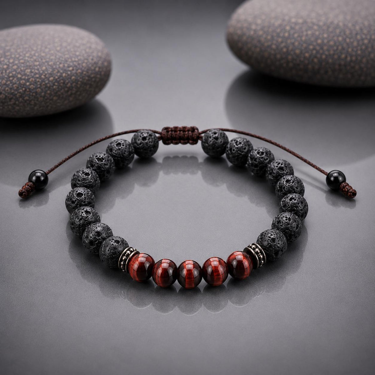Gemstone Bracelet for HIM OR HER. Made it with Black Lava Stone,Red Tiger’s eye beads. Adjustable Knotted Cord, Elastic Stretch Cord