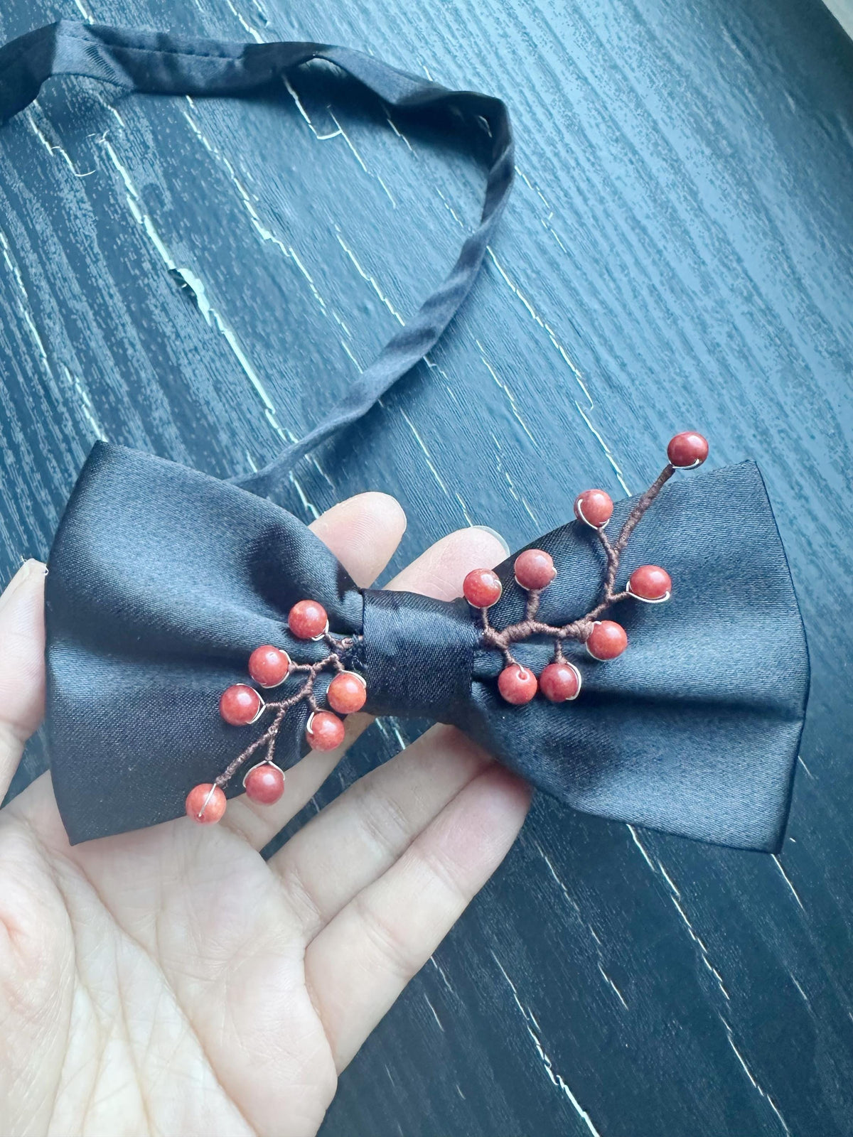 Handmade Bow Tie for women Men,Boys – Black Satin Bow Tie Red Coral beads made Cherry Blossom Branch – Asian Inspired , Formal Accessory