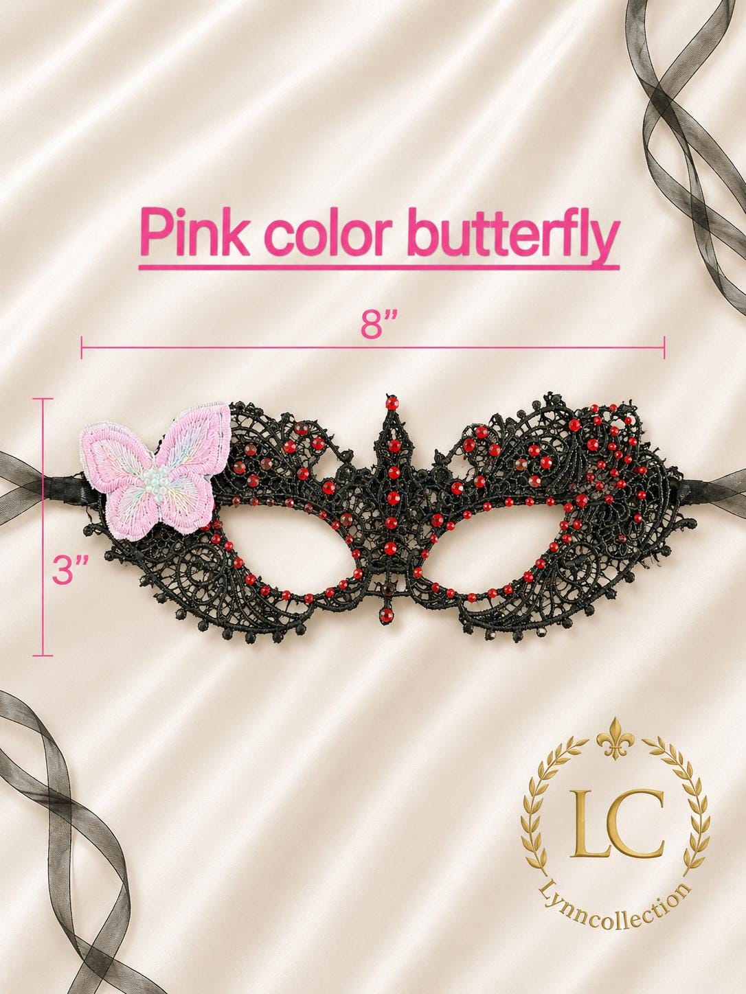 Lace Masquerade Mask, Red Rhinestone and Butterfly, Party Costume