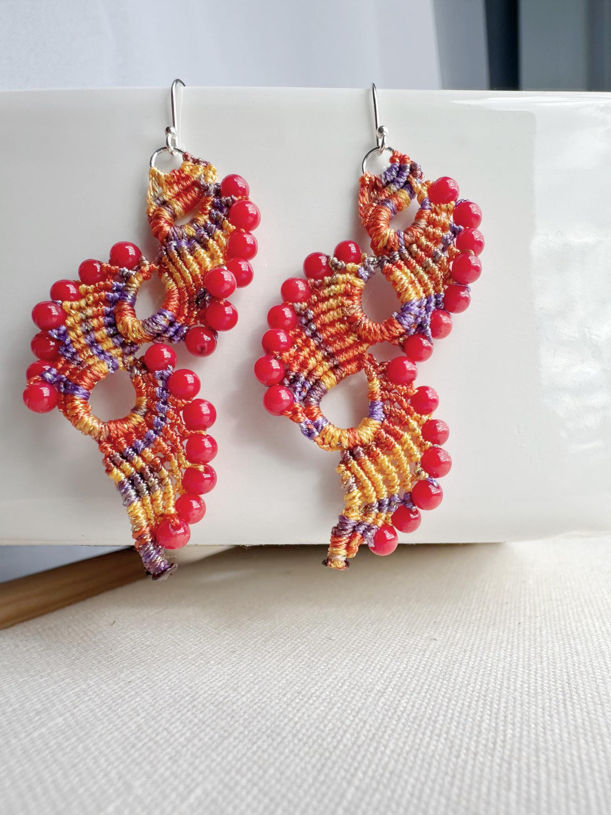 Handmade  Macrame Earrings peacock tail with coral beads and 925 sterling silver hooks
