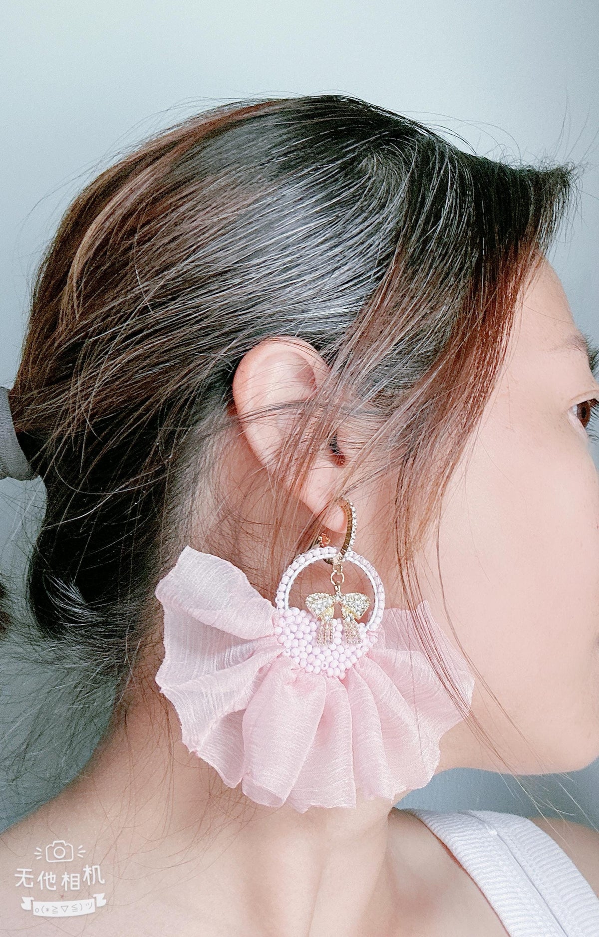 Gold Plated Dangle Earrings: Pink Crinkle Chiffon Ribbon, Glass Bead