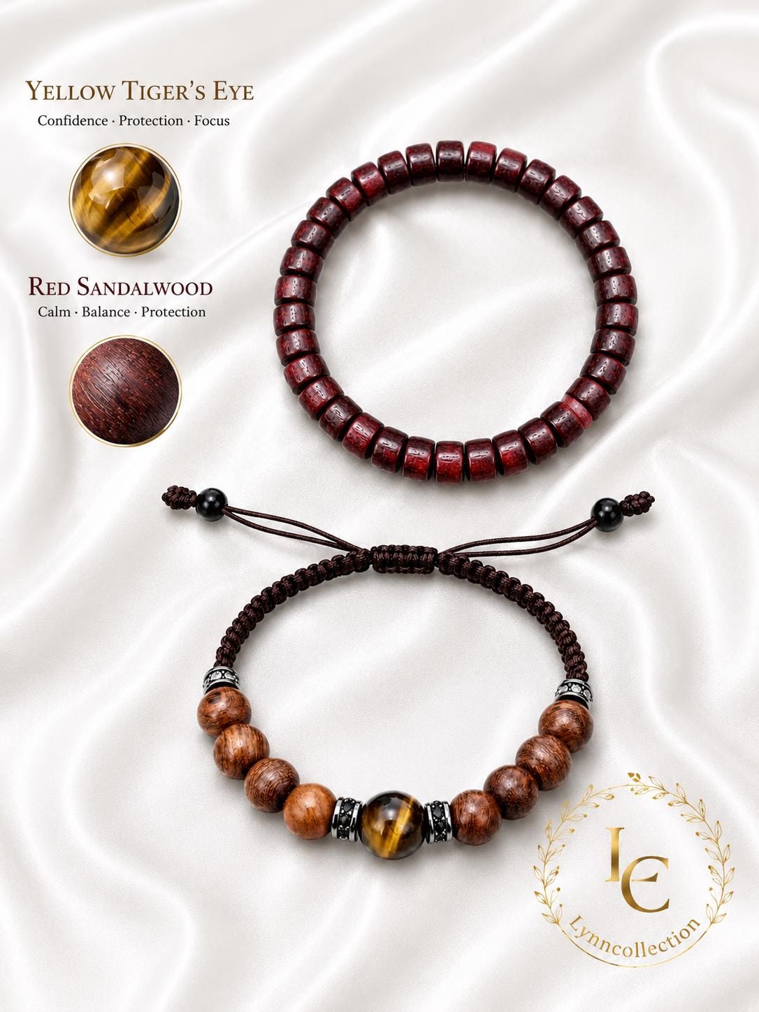 Bracelet for Him and Her, Yellow Tiger’s eye and sandalwood, Adjustable knot, two pieces bracelet