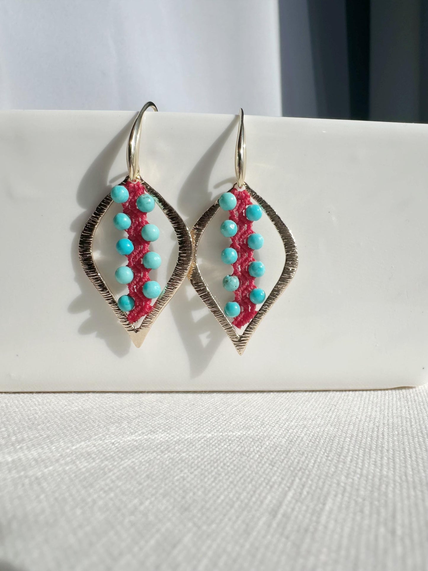 Macrame Turquoise Earrings, 18K Gold Plated, Dangle Earrings