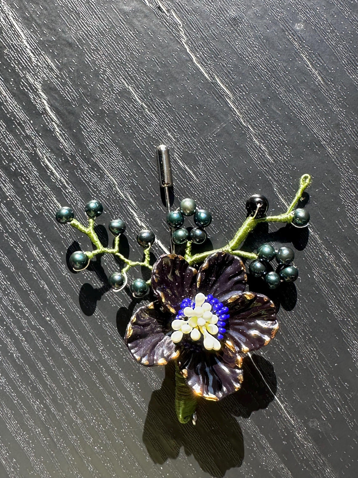 Handmade  brooch, Black color acrylic beads and freshwater pearls with silk thread