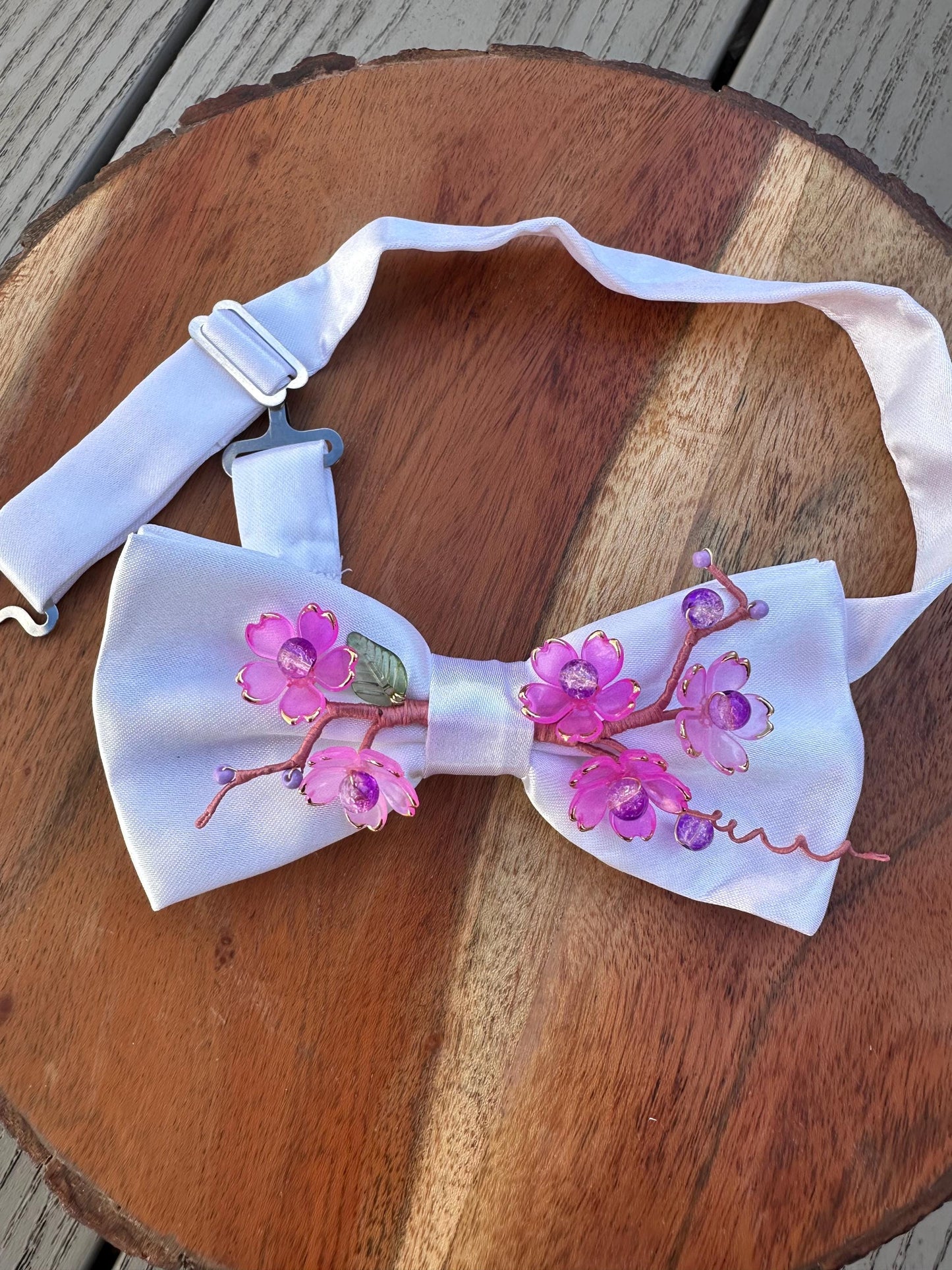 Handmade Bow Tie for women Men,Boys – White Satin Bow Tie with Pink Cherry Blossom Branch – Asian Inspired Wedding Formal Accessory