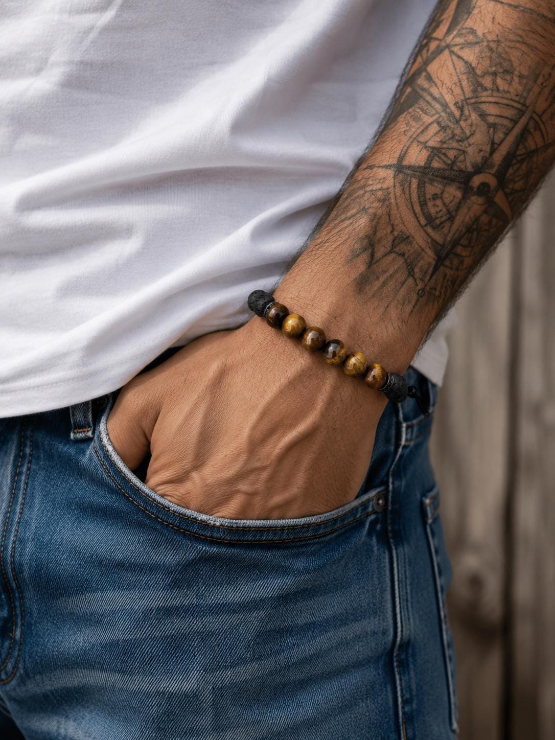 Gemstone Bracelet for HIM OR HER. Black Lava Stone & Tiger Eye Bracelet ,Adjustable Natural Gemstone Bracelet