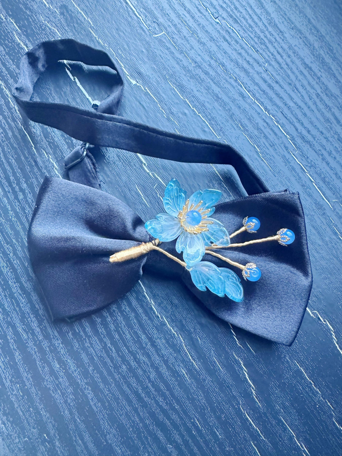 Handmade Bow Tie for women Men,Boys – Black Satin Bow Tie with blue flowers Blossom Branch – Asian Inspired Wedding Formal Accessory