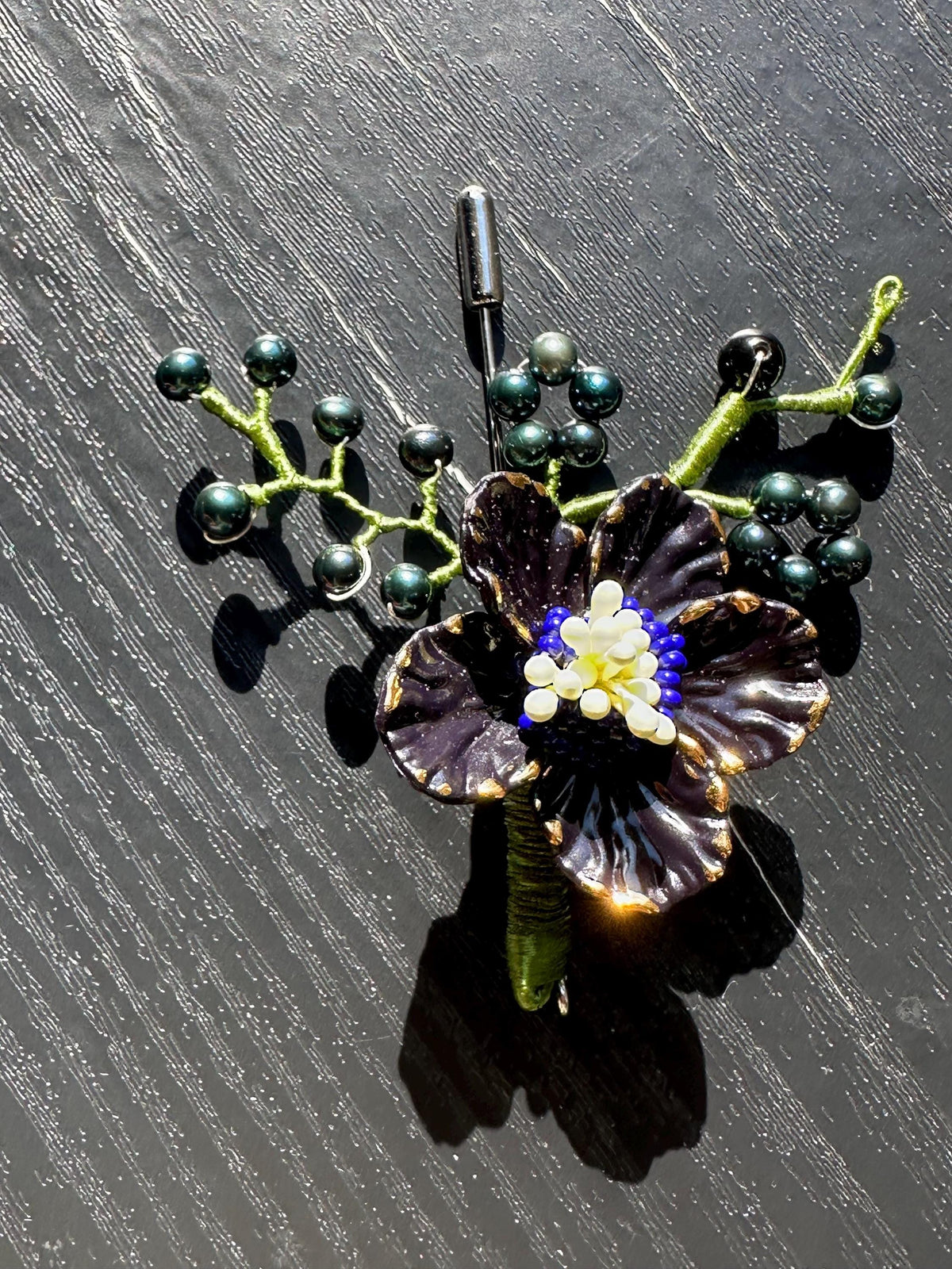Handmade  brooch, Black color acrylic beads and freshwater pearls with silk thread
