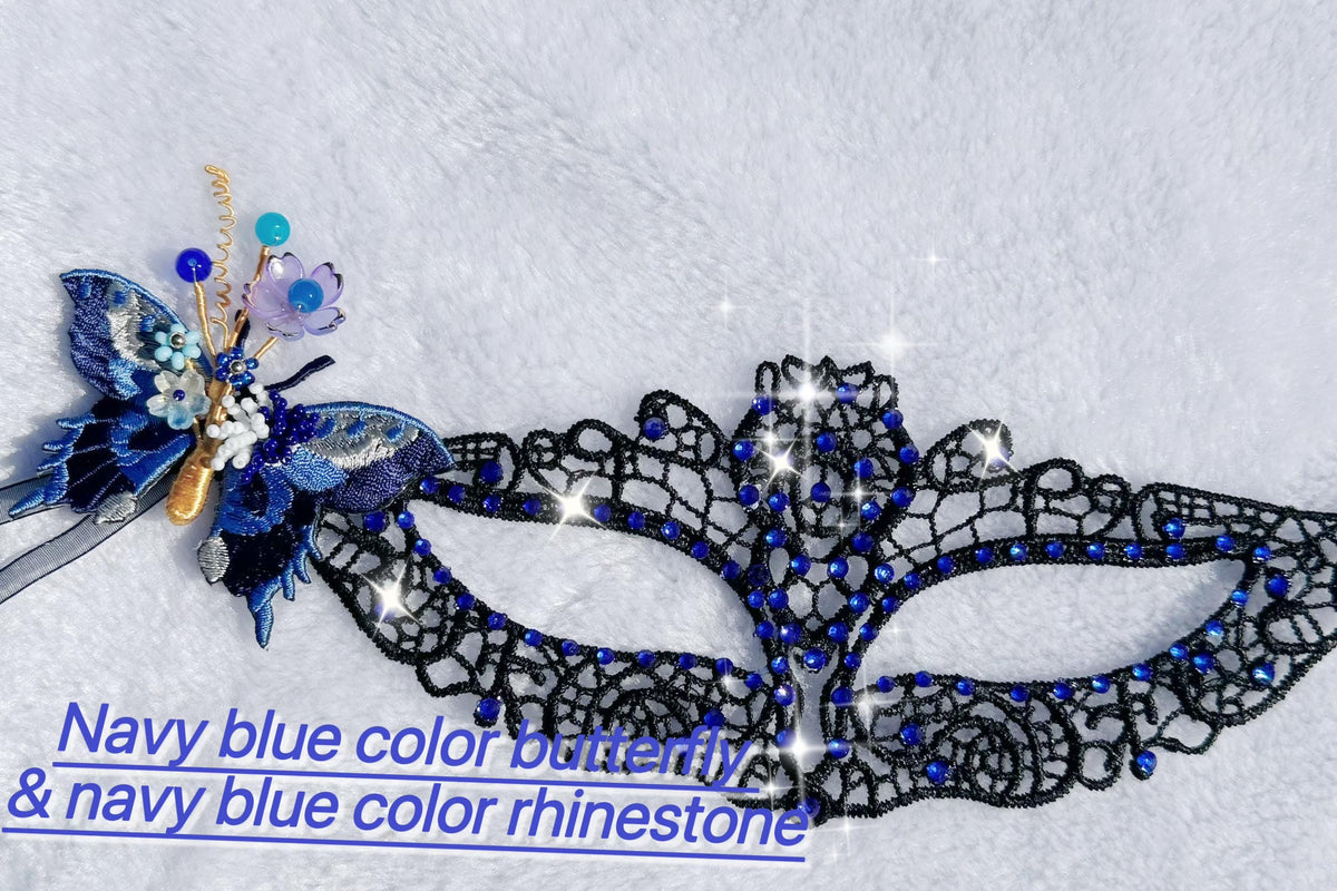 Navy Blue Butterfly Lace Masquerade Mask, Handmade Venetian Eye Mask with Rhinestones, Fairy Costume Mask for Halloween, Prom & Ball