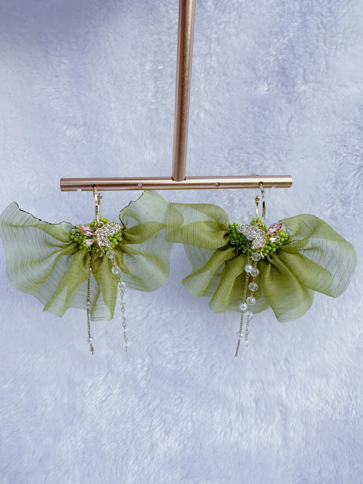 Handmade Dangle Earrings: Gold Plated, Green Chiffon Ribbon