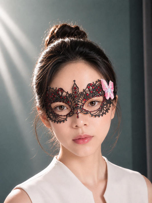 Lace Masquerade Mask, Red Rhinestone and Butterfly, Party Costume