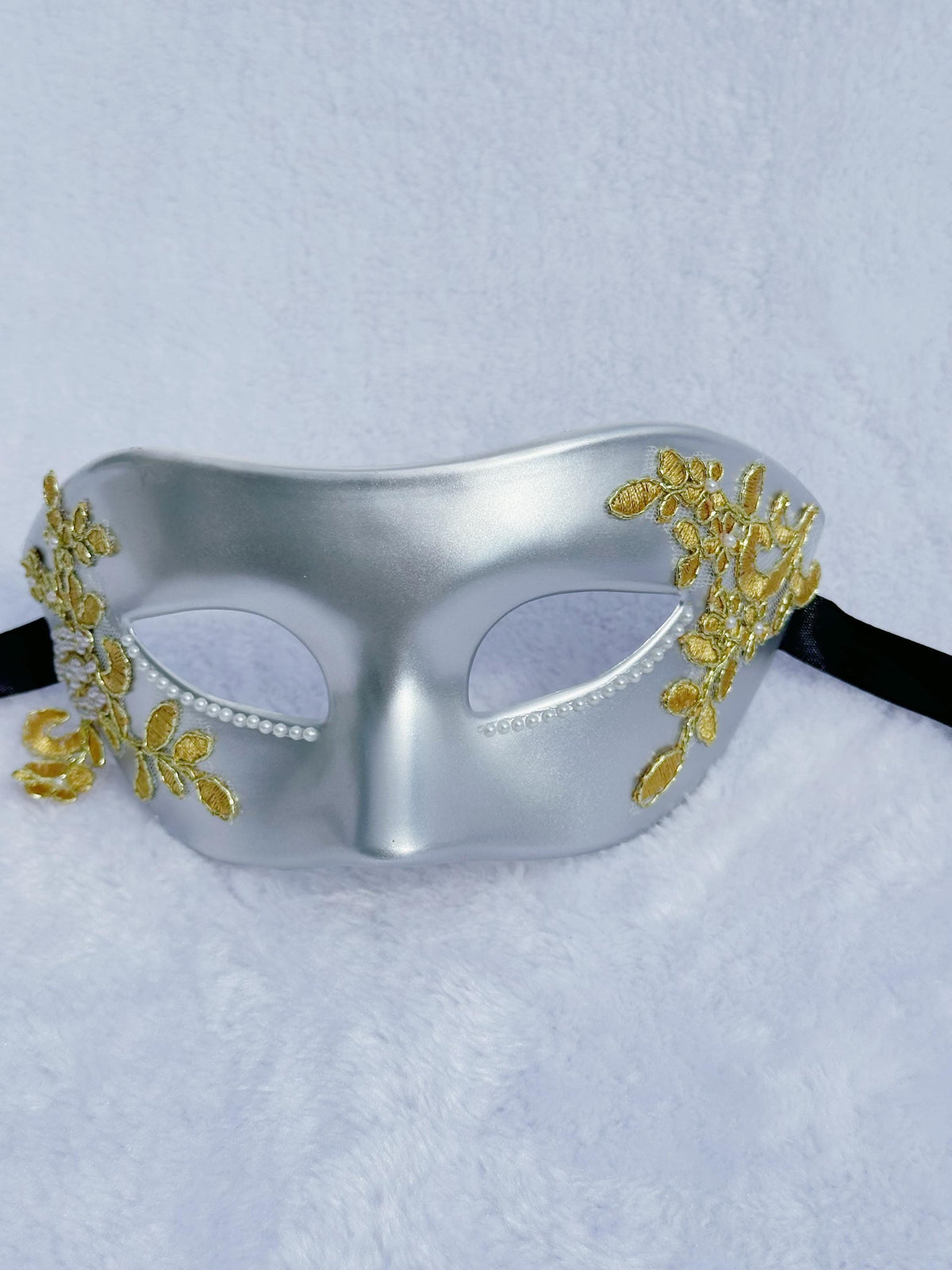Gray Venetian Masquerade Mask: Gold Lace Mardi Gras Ball Mask
