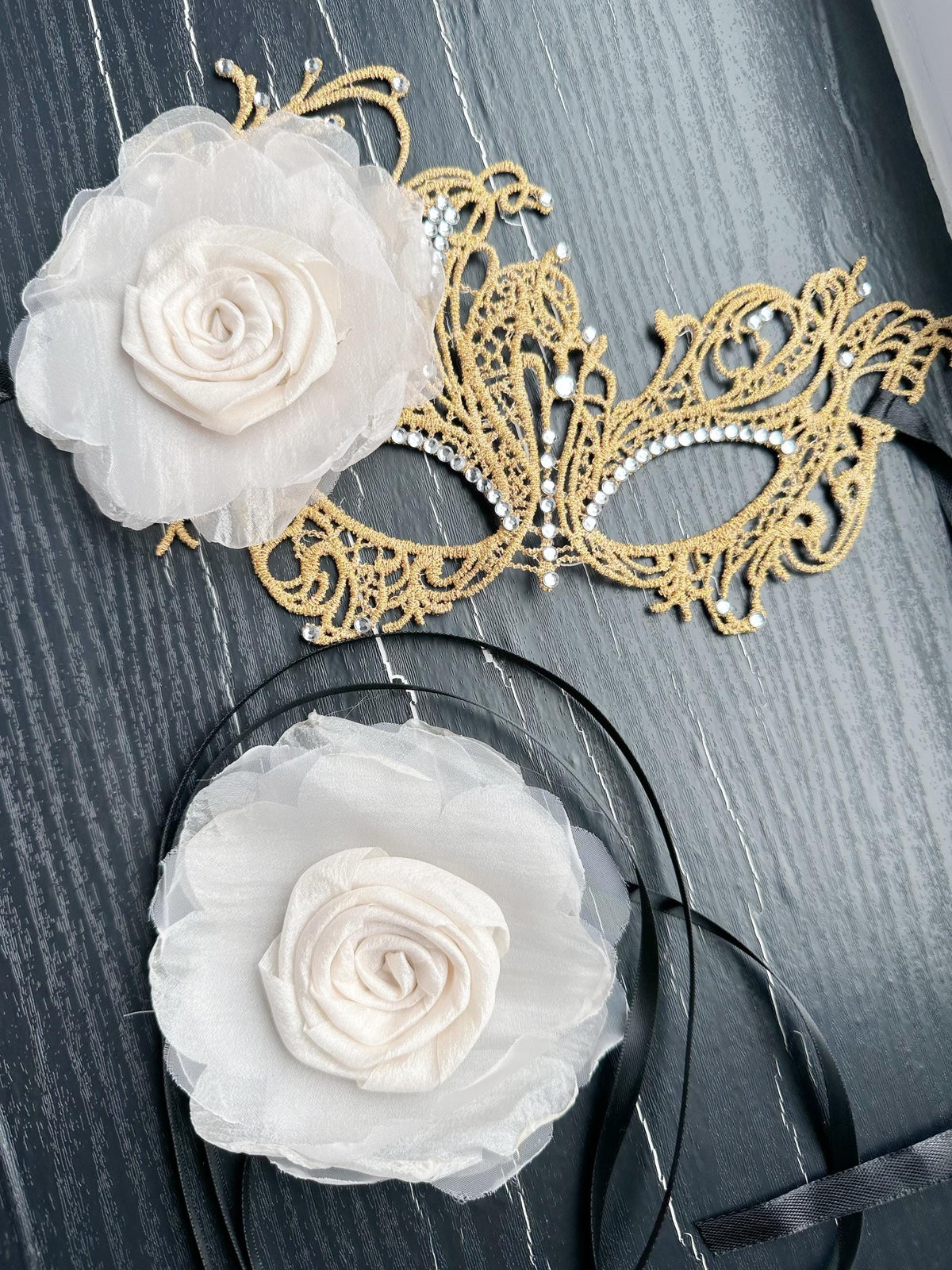 Gold color Masquerade Mask with ivory color fabric flower, and silk flower choker, Halloween mask ( price includes mask and choker