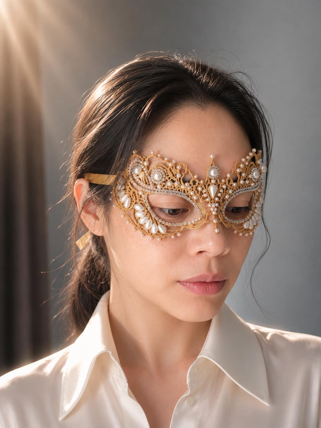 Gold color Lace Masquerade Mask, Embroidered Party Mask with white Resin beads and rhinestone, party mask