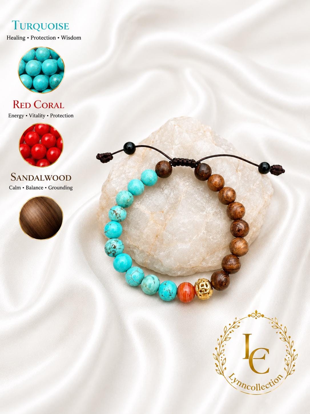 Beaded Bracelet , 8mm turquoise, sandalwood made Bracelet – adjustable Knotted Bracelet for HIM & HER.