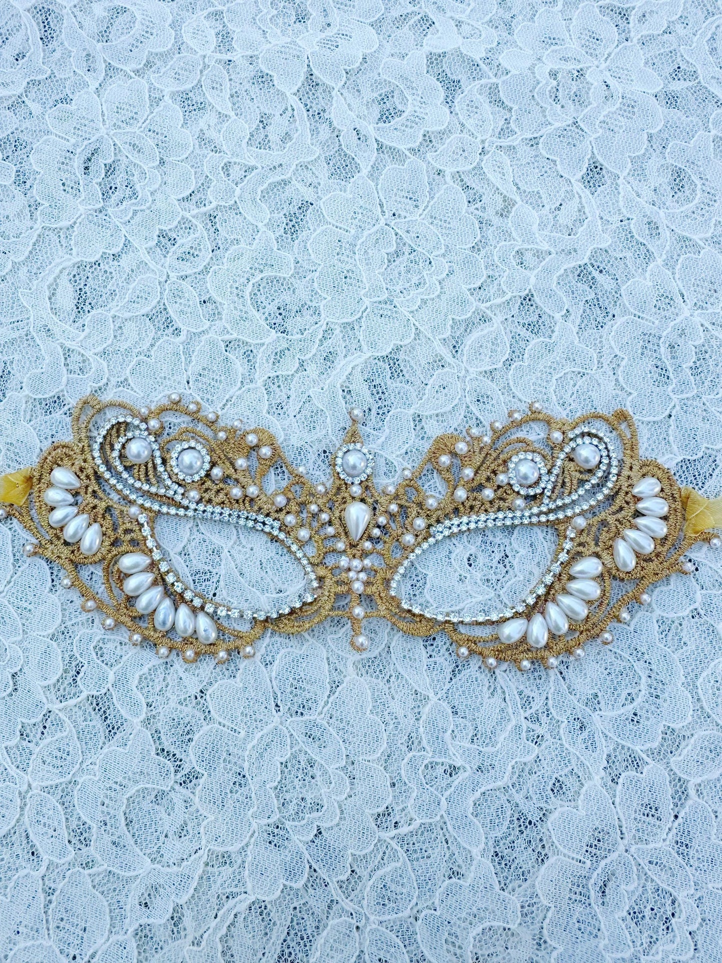 Gold color Lace Masquerade Mask, Embroidered Party Mask with white Resin beads and rhinestone, party mask