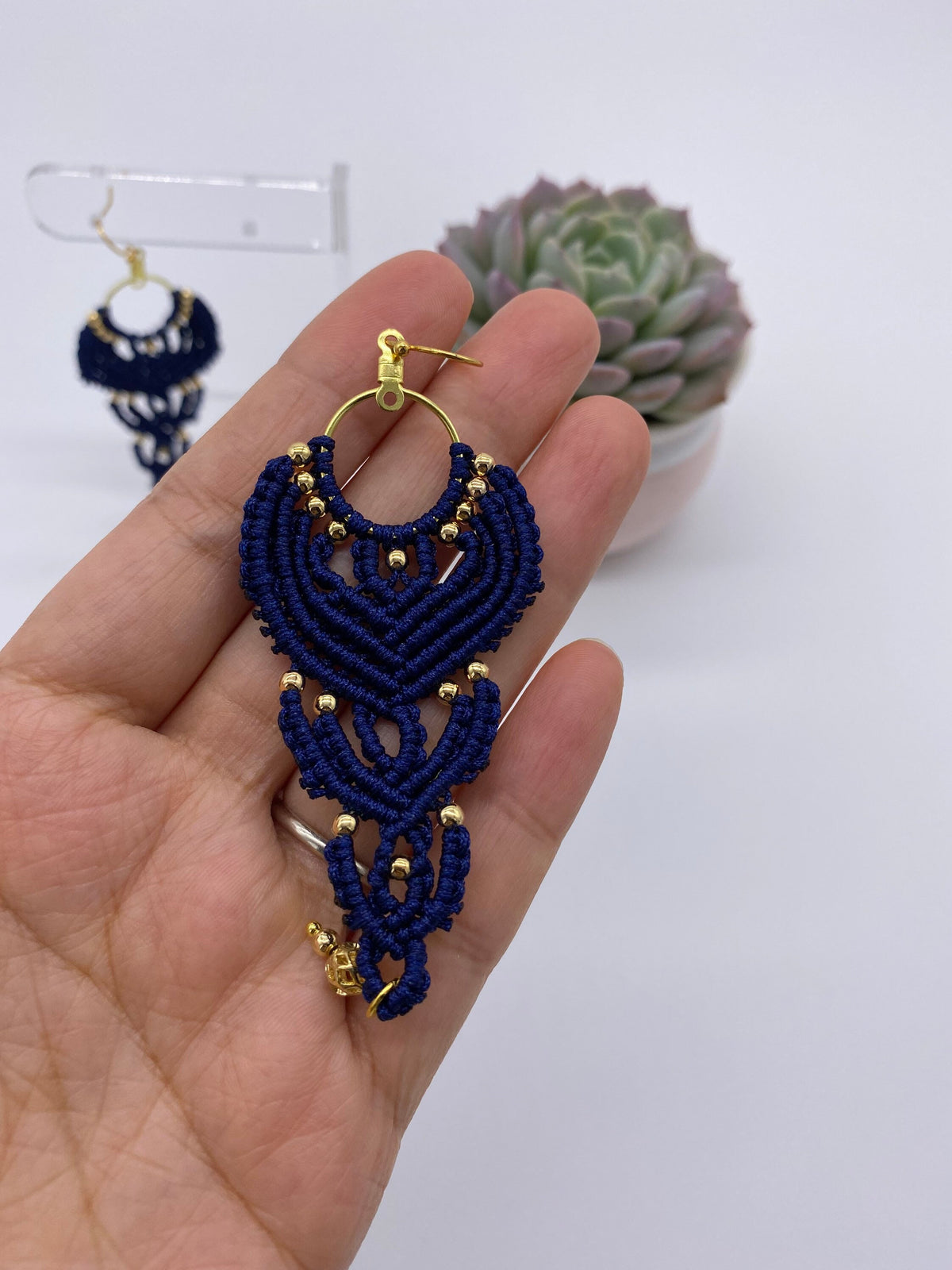 Navy Macrame Dangle Earrings: Bohemian Tribal Jewelry
