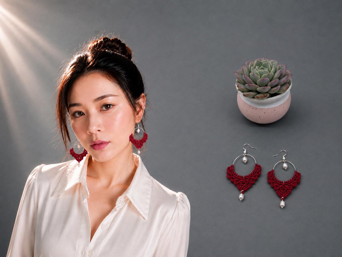 Red Macrame Dangle Earrings: Boho Tribal Jewelry
