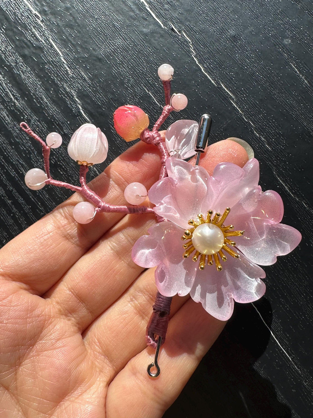 Handmade  brooch, pink color acrylic beads and gemstone beads with silk thread