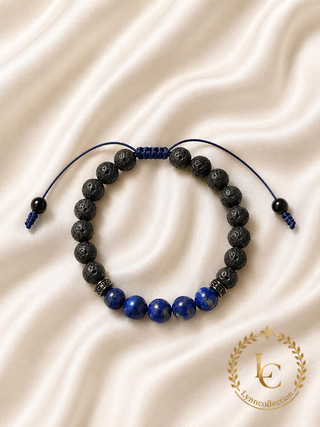 Gemstone Bracelet for HIM OR HER. Made it with Black Lava Stone,Lapis Lazuli, Adjustable Knotted Cord
